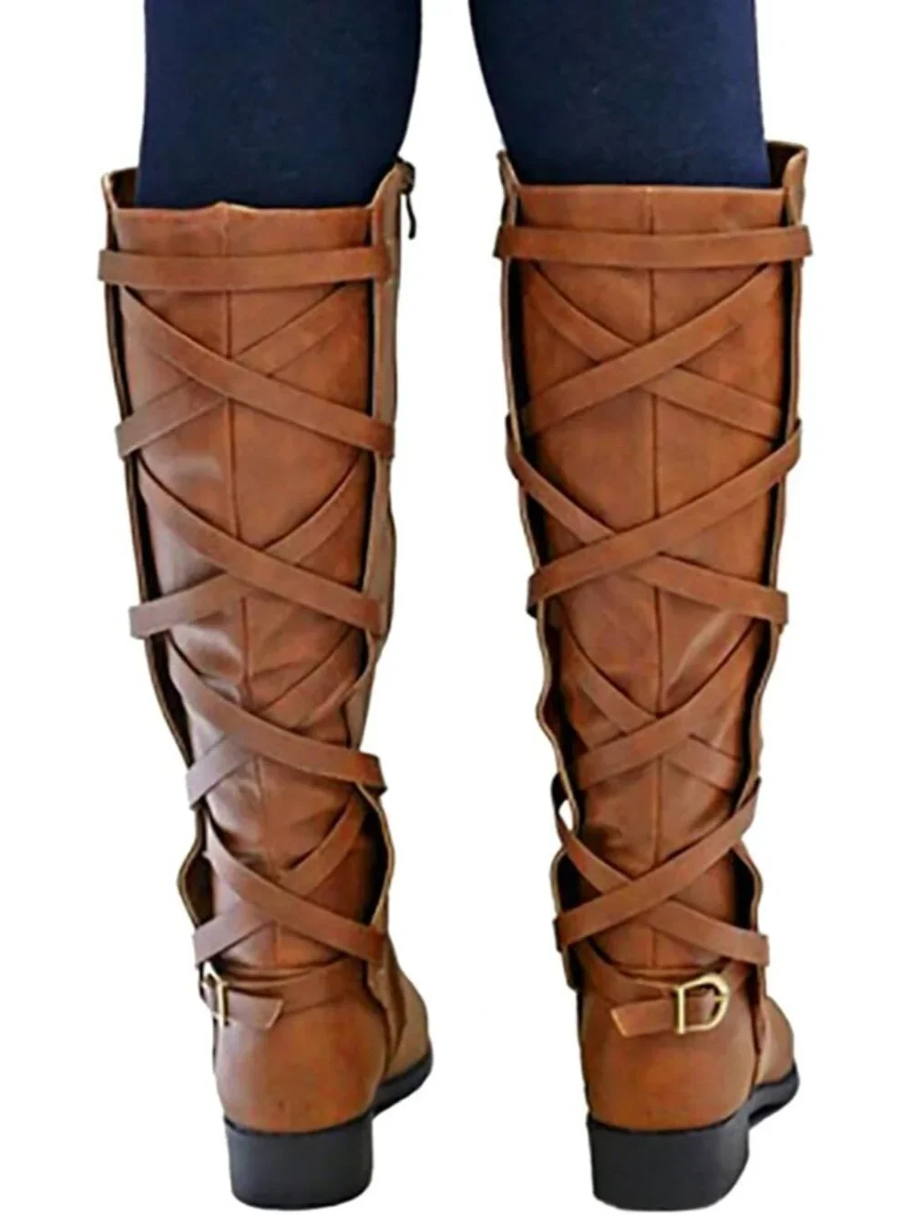 Women's Light Brown Faux Leather Strappy Motorcycle Lace Up Low Heel High Boots